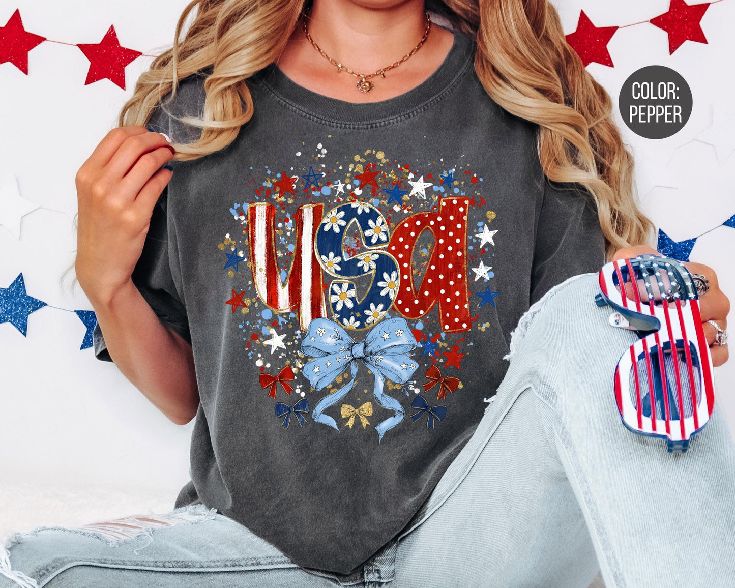 Comfort Colors Floral Coquette USA Shirt, Floral 4th of July Shirts