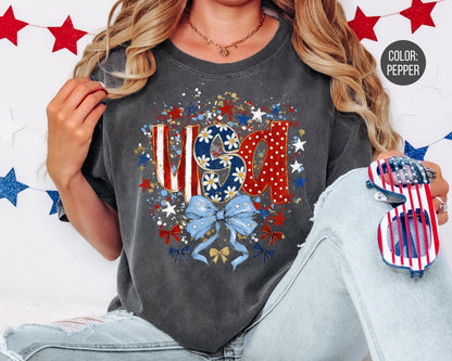 Comfort Colors Floral Coquette USA Shirt, Floral 4th of July Shirts