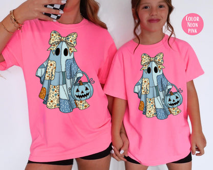 Comfort Colors Blue Denim Ghost Shirt: Patchwork Halloween Tee