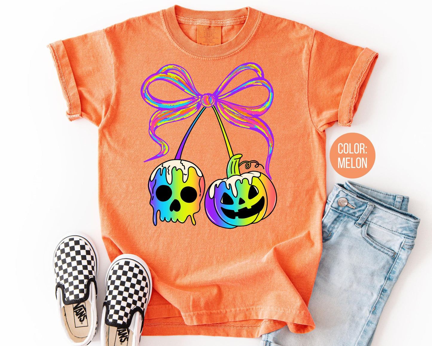Comfort Colors Neon Halloween Shirt: Coquette Pumpkins & Spooky Skull