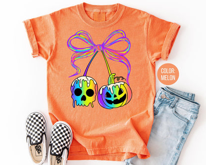 Comfort Colors Neon Halloween Shirt: Coquette Pumpkins & Spooky Skull
