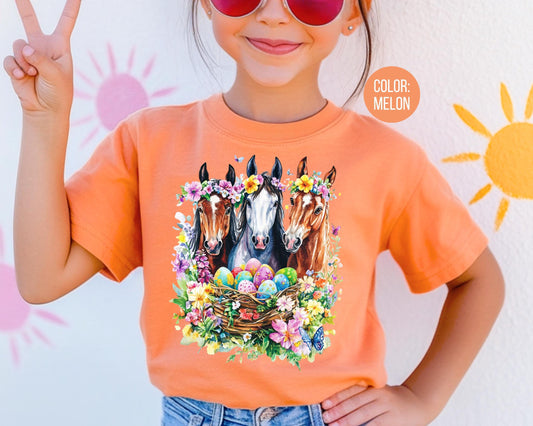 Comfort Colors Floral Easter Horse Shirt, Girls Horse Shirts, Kids Horses Tee