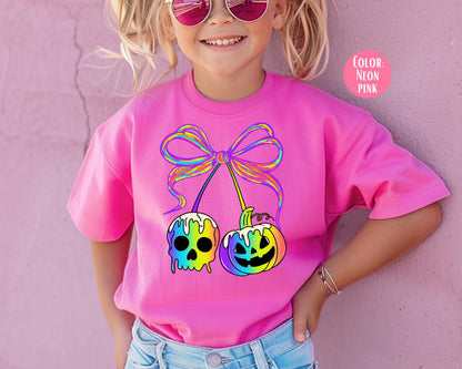 Comfort Colors Neon Halloween Shirt: Coquette Pumpkins & Spooky Skull
