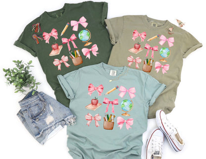 Comfort Colors Teacher Shirt: Coquette Bows, School Supplies Tee