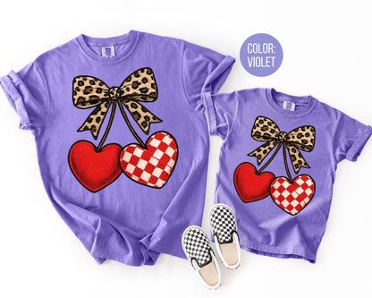Comfort Colors Leopard Coquette Valentine Cherries Shirt: Girls Valentine's Day Tee
