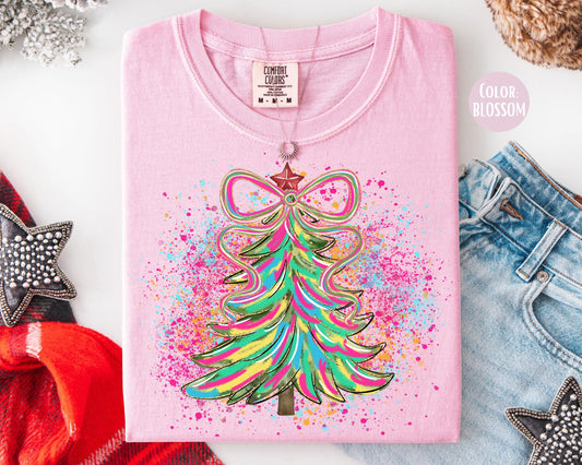 Comfort Colors Christmas Tree Shirt: Preppy Coquette Christmas Shirts