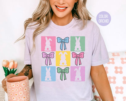 Comfort Colors® Colorful Square Bunnies Shirt, Girls Preppy Easter Bunny Shirts