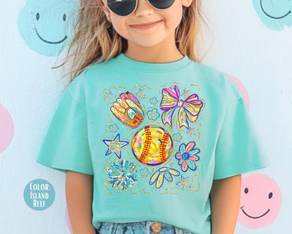 Comfort Colors Coquette Brushstroke Softball Shirt: Girls Softball Youth Tee