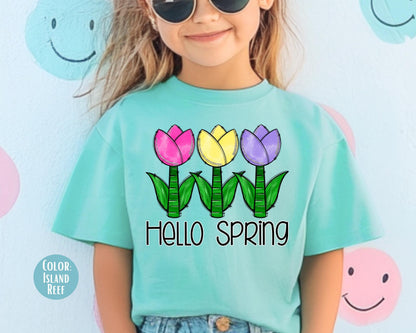 Comfort Colors® Hello Spring Shirt, Girls Spring Shirts, Tulip Tee for Girl