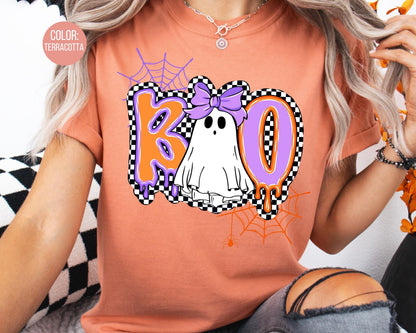 Comfort Colors Checkered Ghost Shirt: Spooky Halloween Mama & Mini Tees