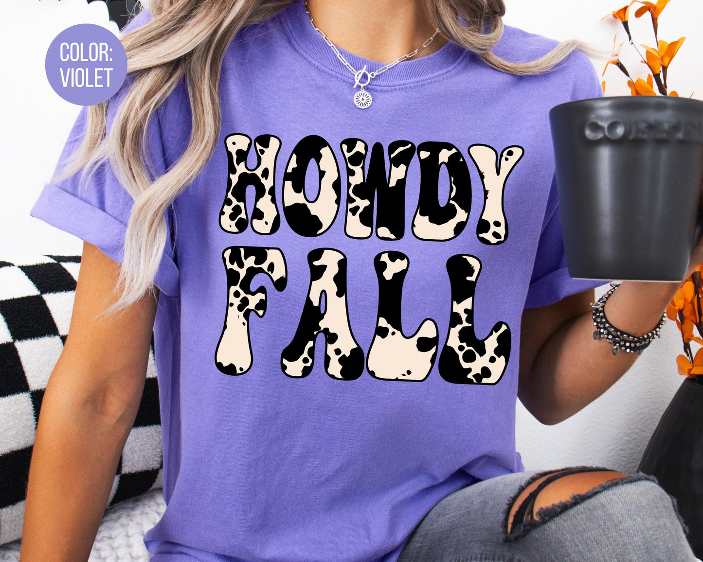 Comfort Colors Kids Howdy Fall Cow Print Shirt, Western Fall Shirts