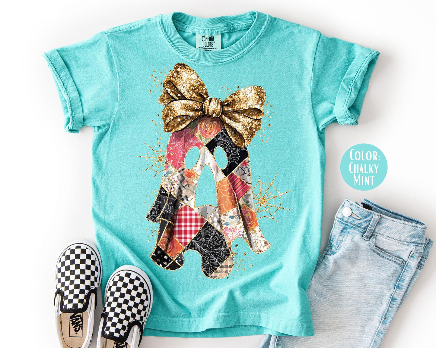 Comfort Colors Ghost Shirt: Preppy Fall Tee with Glitter Bow