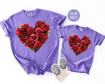 Comfort Colors Rose Heart Bouquet Valentine Shirts, Mommy and Me Valentines Day