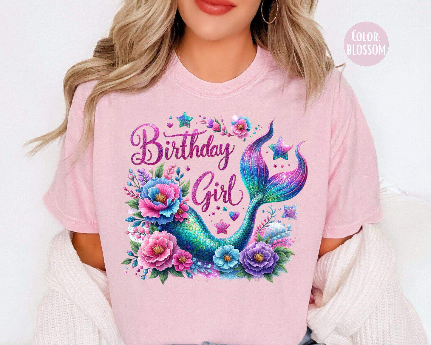 Comfort Colors Faux Glitter Mermaid Birthday Girl Shirt, Girls Birthday Shirts