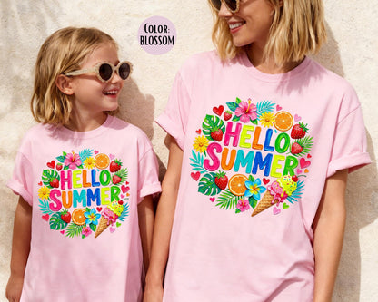 Comfort Colors Floral Brushstroke Hello Summer Shirt, Matching Mom & Daughter Summer Tees