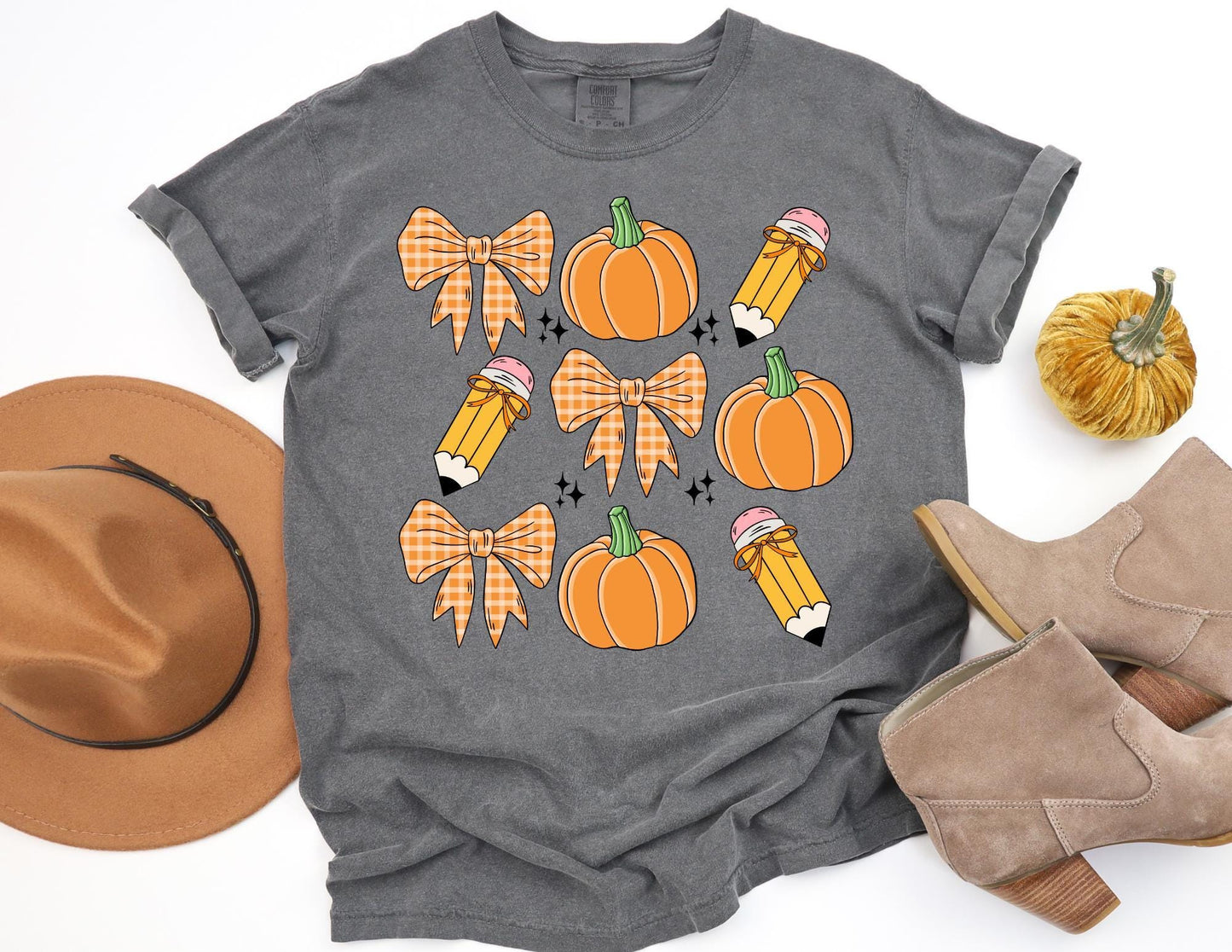 Comfort Colors Fall Teacher Shirt: Pumpkin Bow Pencil Tee