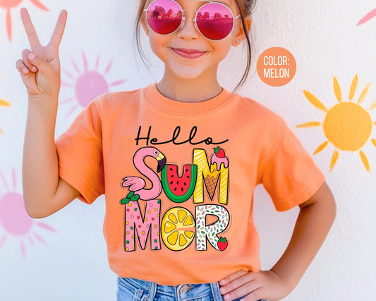 Girls Hello Summer Comfort Colors Shirt - Kids Vacation Tee