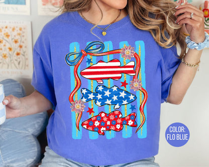Comfort Colors 4th of July Fish Shirt, Patriotic Fish, Stars and Stripes Shirts