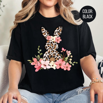 Floral Leopard Bunny Shirt, Bunny Shirt, Cute Easter Bunny T-Shirt, Happy Easter, Shirt with Bunnies, Easter Gift, Happy Easter T-Shirt