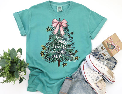 Comfort Colors Christmas Tree Shirt: Oh Come Let Us Adore Him