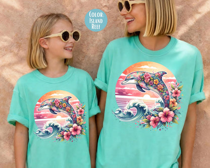Comfort Colors® Floral Dolphin Shirt, Girls Preppy Summer Shirts, Dolphin Gift