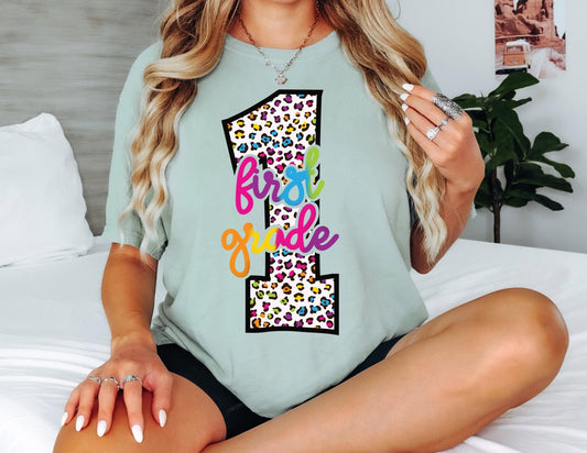 Comfort Colors First Grade Teacher Shirt: Leopard Print