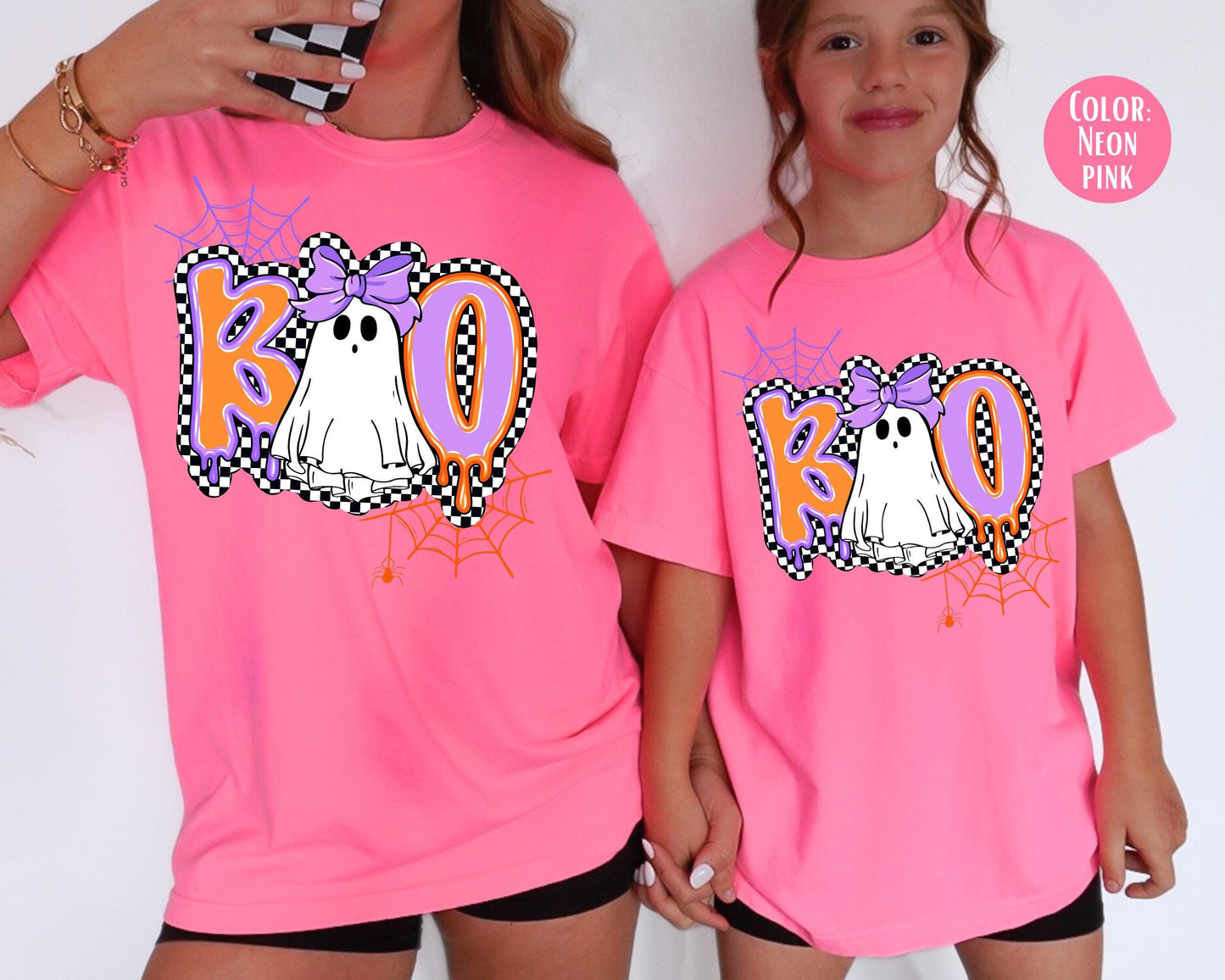 Comfort Colors Checkered Ghost Shirt: Spooky Halloween Mama & Mini Tees