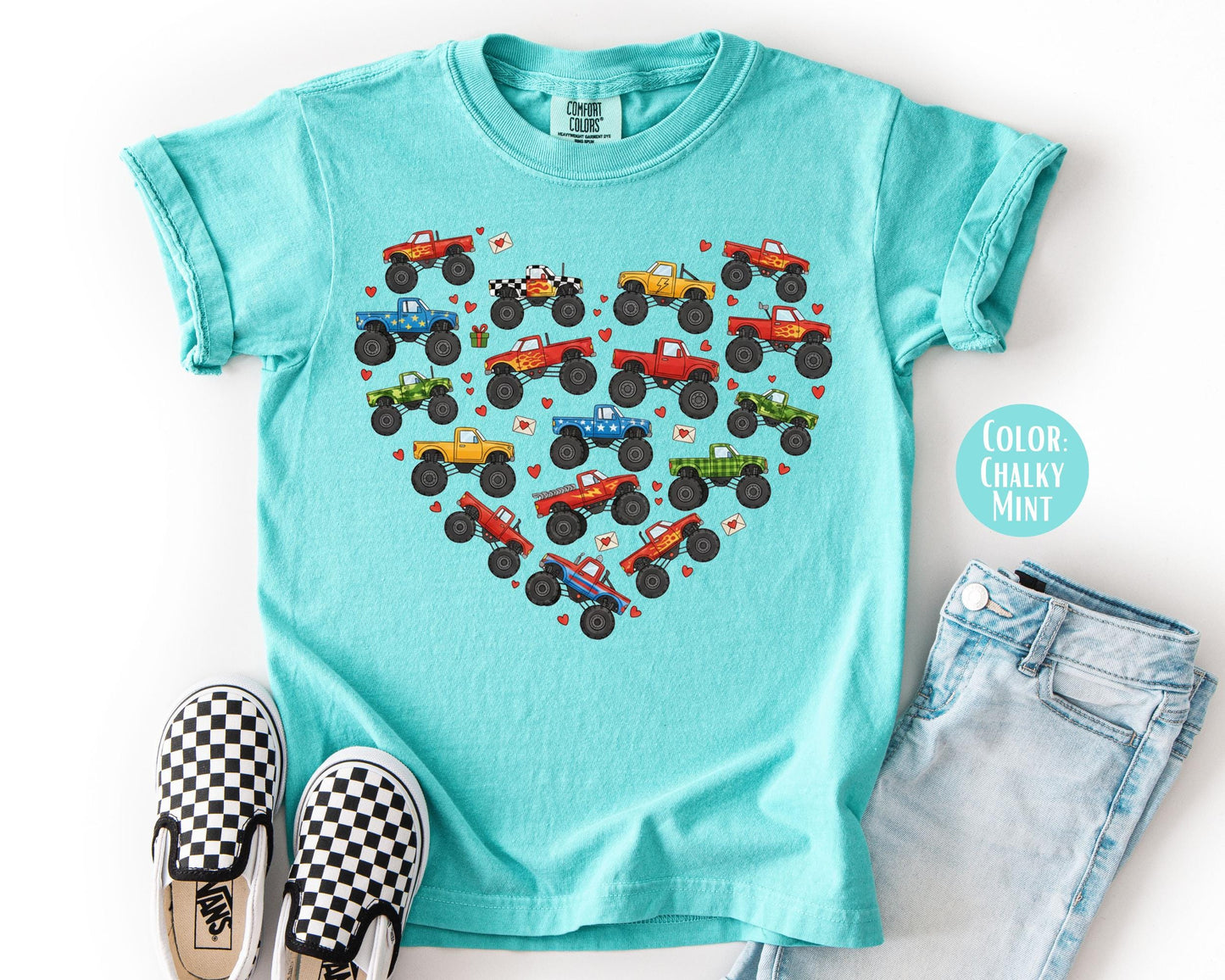 Comfort Colors® Boys Heart Monster Truck Shirt, Kids Valentines Day Shirts