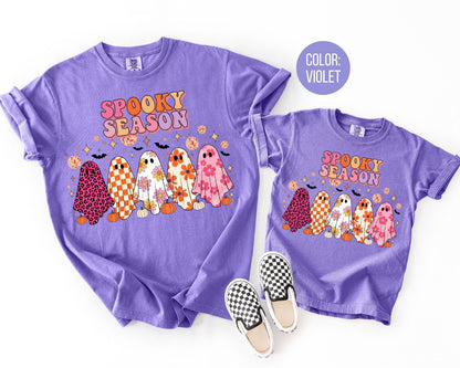 Comfort Colors Girls Spooky Season Shirt, Preppy Ghosts Kids Tee, Youth Halloween T-shirt