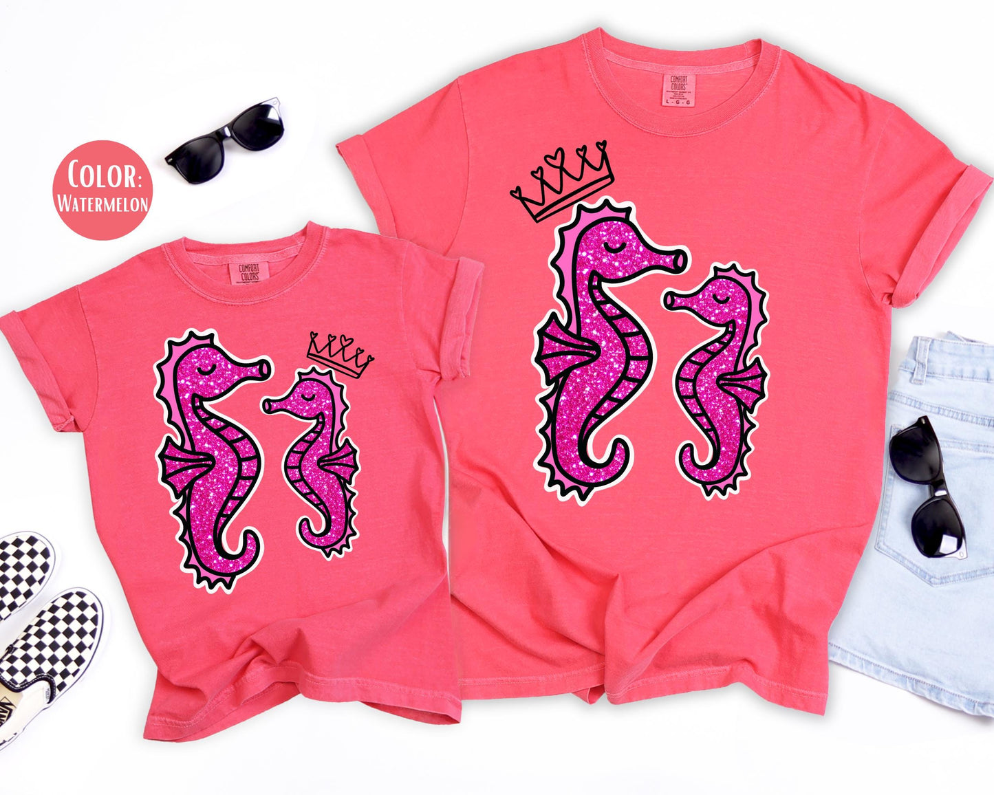 Comfort Colors® Faux Glitter Mama and Mini Seahorse Shirts, Mommy and Me Summer Shirts