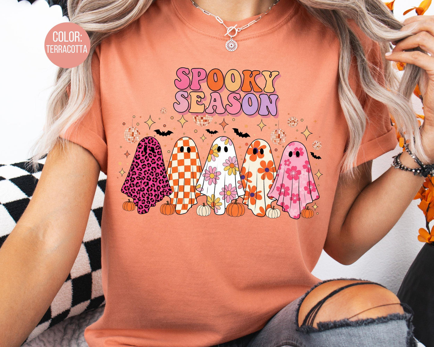 Comfort Colors Girls Spooky Season Shirt, Preppy Ghosts Kids Tee, Youth Halloween T-shirt