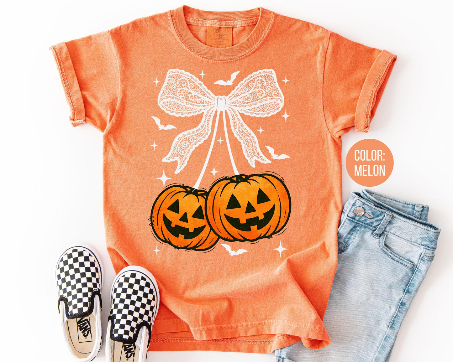 Comfort Colors Coquette Halloween Shirt: Cherry Pumpkins & Lace