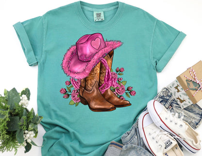Comfort Colors Cowgirl Boots Valentine Shirt, Pink Heart Hat Roses Graphic Tee