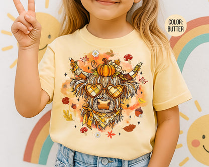 Comfort Colors Kids Highland Cow Shirt - Preppy Western Fall Style