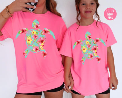 Comfort Colors® Floral Sea Turtle Shirt, Matching Summer Shirts, Girls Beach Shirts, Matching Mom and Daughter Shirts, Cute Sea Turtle Tees