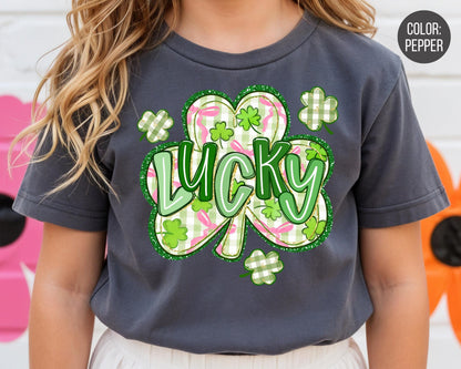 Comfort Colors Faux Glitter Lucky Clover Shirt, Shamrock St Patricks Day Shirt