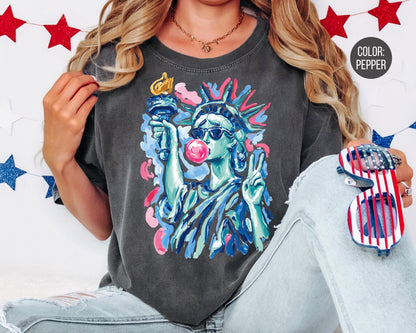 Comfort Colors Preppy Statue of Liberty Blowing Bubble Gum Shirt, 4th of July Shirts