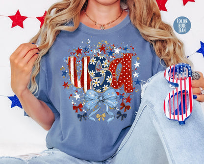 Comfort Colors Floral Coquette USA Shirt, Floral 4th of July Shirts