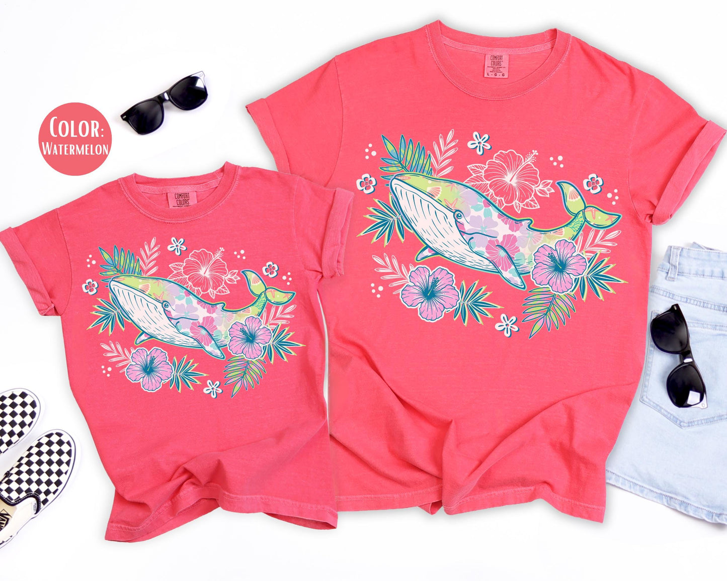 Comfort Colors® Preppy Floral Whale Shirt, Summer Beach Shirts