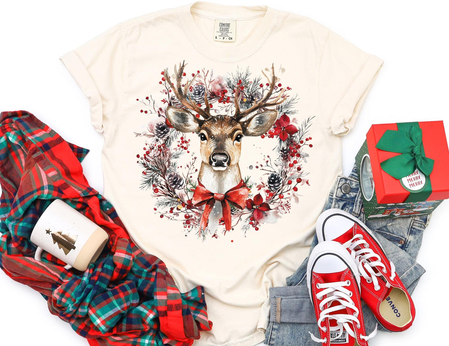 Comfort Colors Reindeer Wreath Christmas T-Shirt