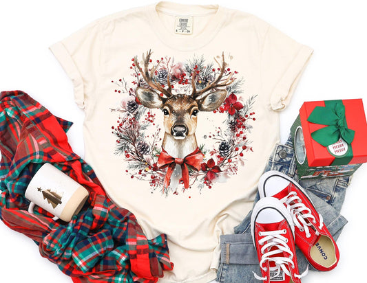 Comfort Colors Reindeer Wreath Christmas T-Shirt