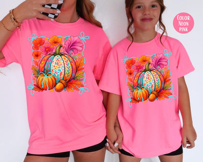 Comfort Colors Girls Fall Floral Pumpkin Shirt: Coquette Tee