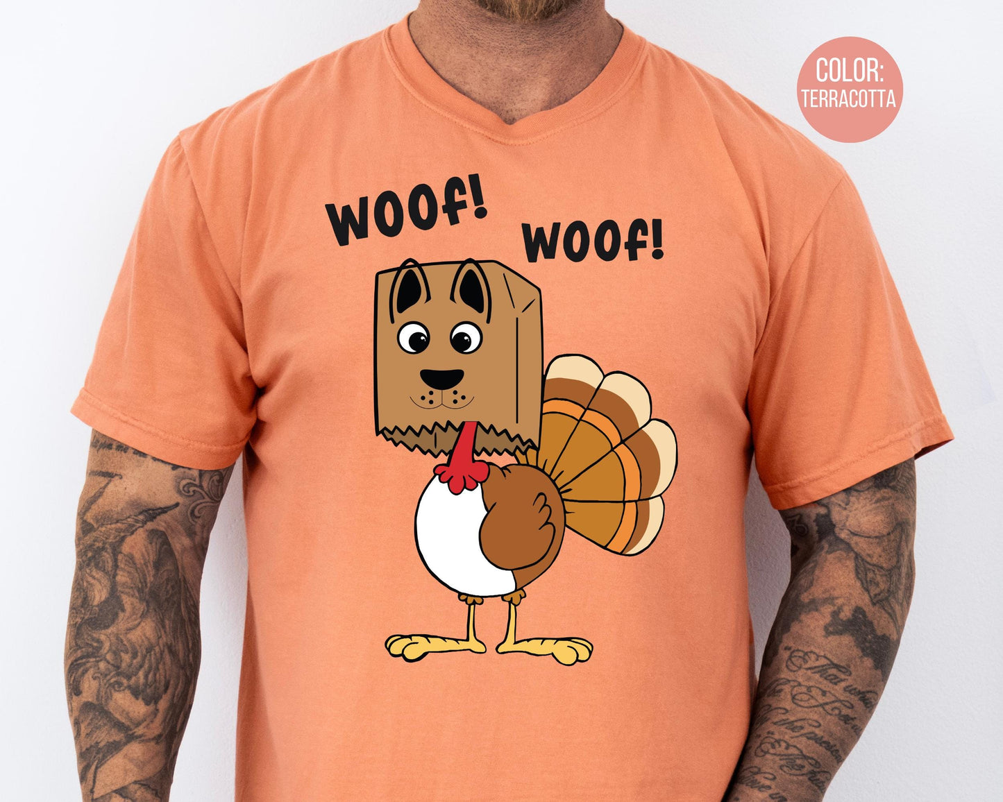 Mens Comfort Colors Funny Turkey Shirt, Thanksgiving Shirts for Dad, Woof Turkey T-shirt