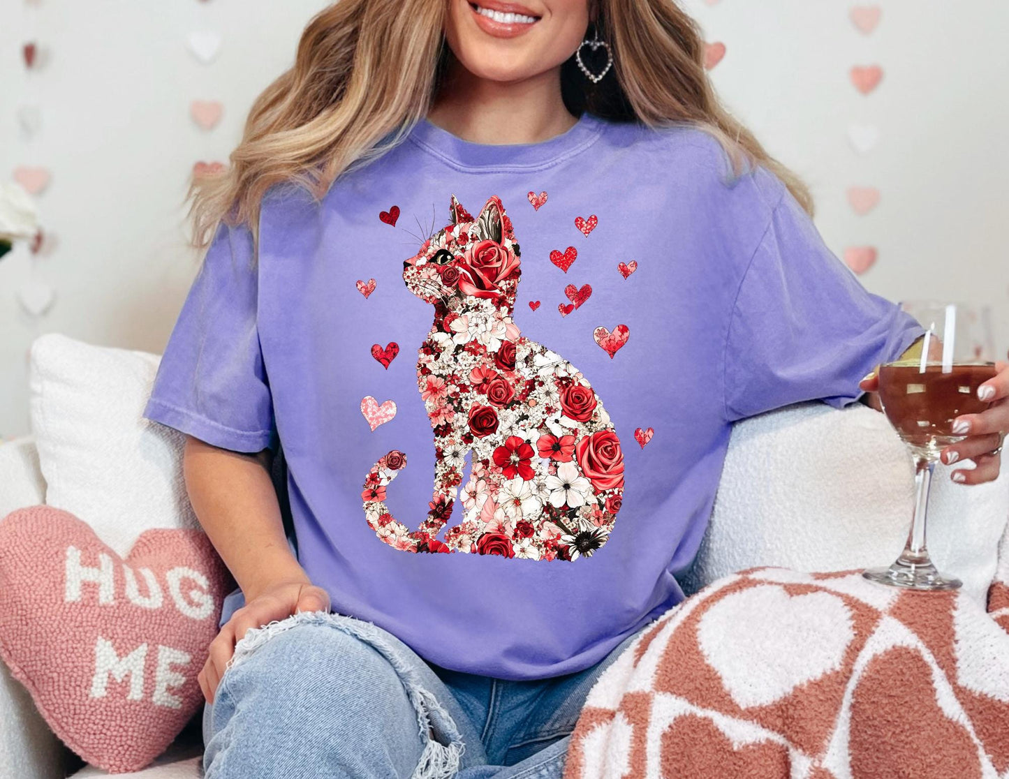 Comfort Colors Cat Valentine Shirt: Floral Heart Tee