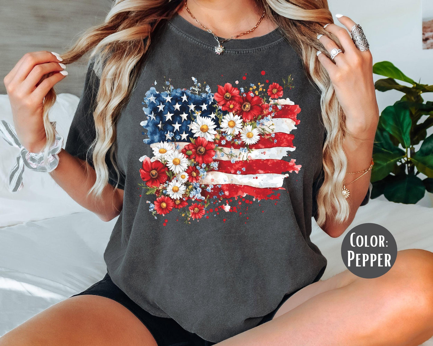 Comfort Colors Floral American Flag Shirt: 4th of July Tee