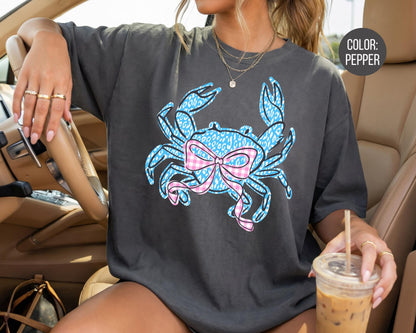Comfort Colors® Preppy Blue Leopard Crab Shirt, Girls Coquette Crab Shirts