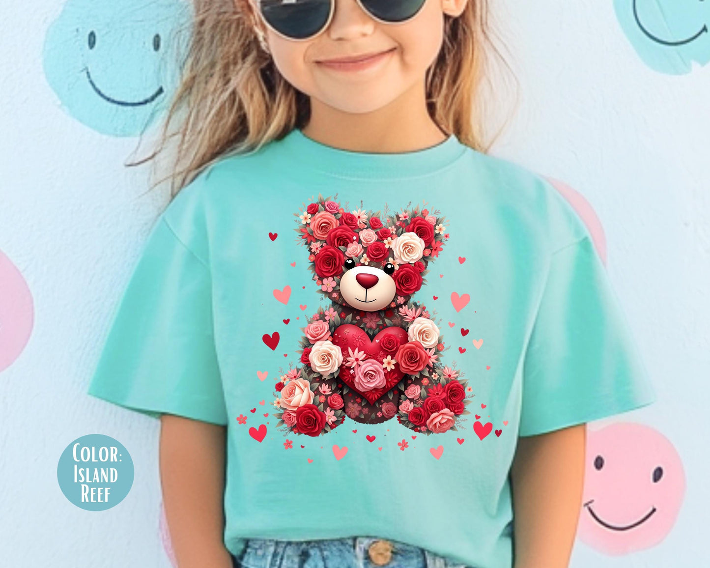 Comfort Colors Floral Teddy Bear Shirt, Girls Valentines Day Shirt, Kids Shirts