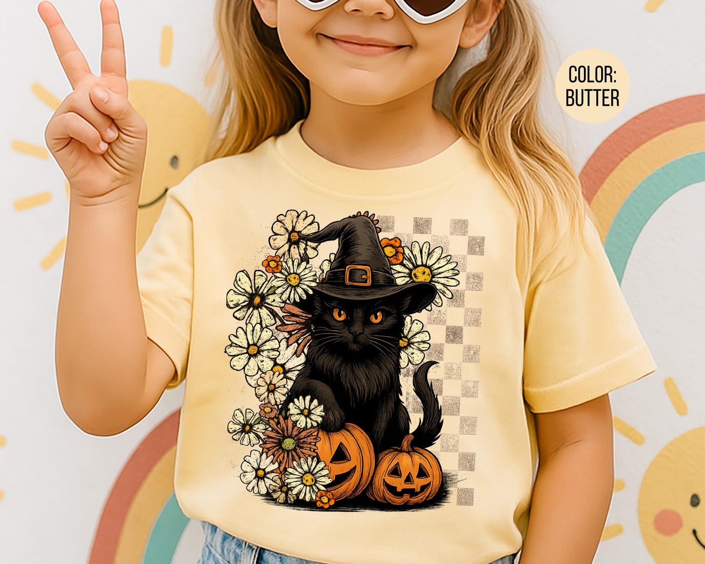 Comfort Colors Witch Hat Black Cat Shirt - Halloween Floral Tee
