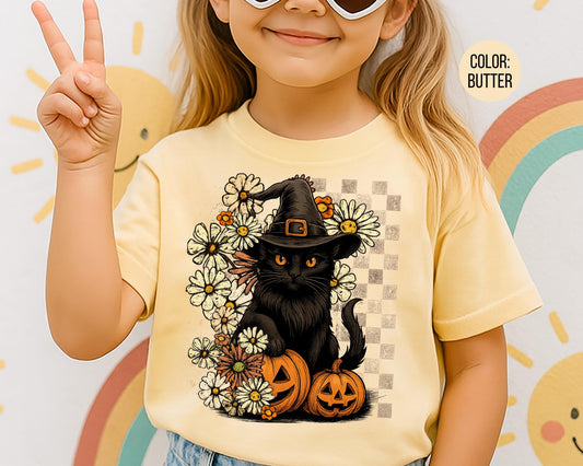 Comfort Colors Witch Hat Black Cat Shirt - Halloween Floral Tee