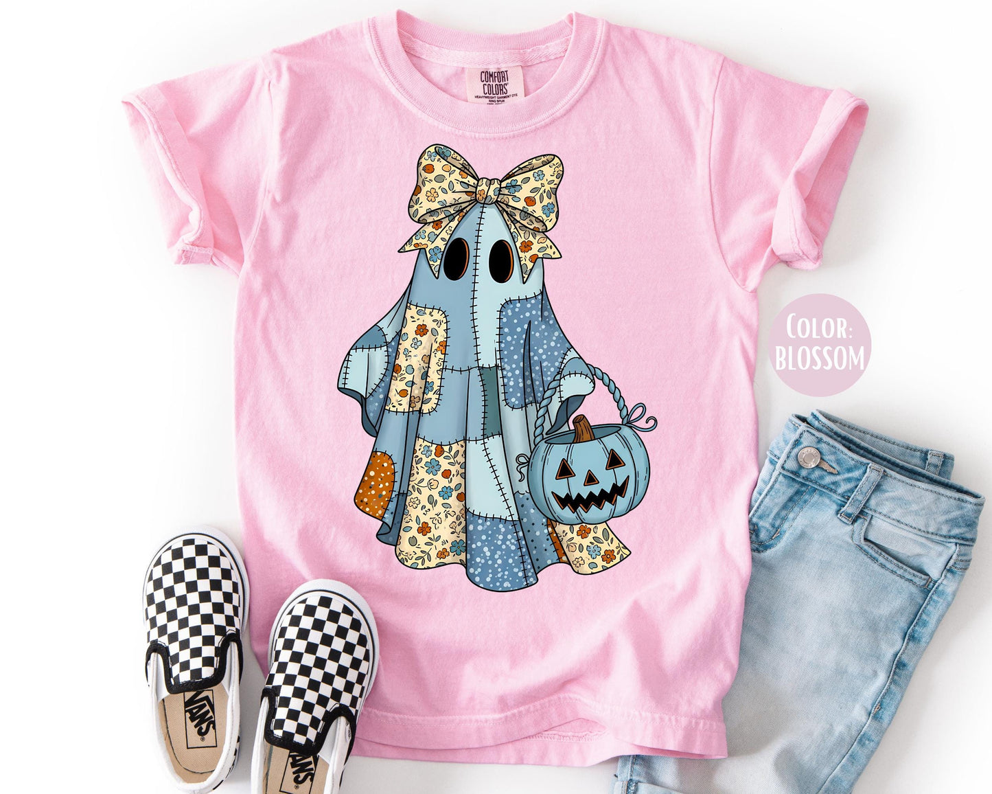 Comfort Colors Blue Denim Ghost Shirt: Patchwork Halloween Tee